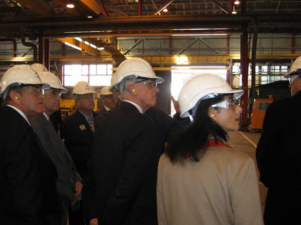 The committee visited Tenix's Module Hall at Williamstown on 27 April 2006. Senator George Campbell (far left), Senator Russell Trood (centre) and Senator Concetta Fierravanti-Wells (right).
